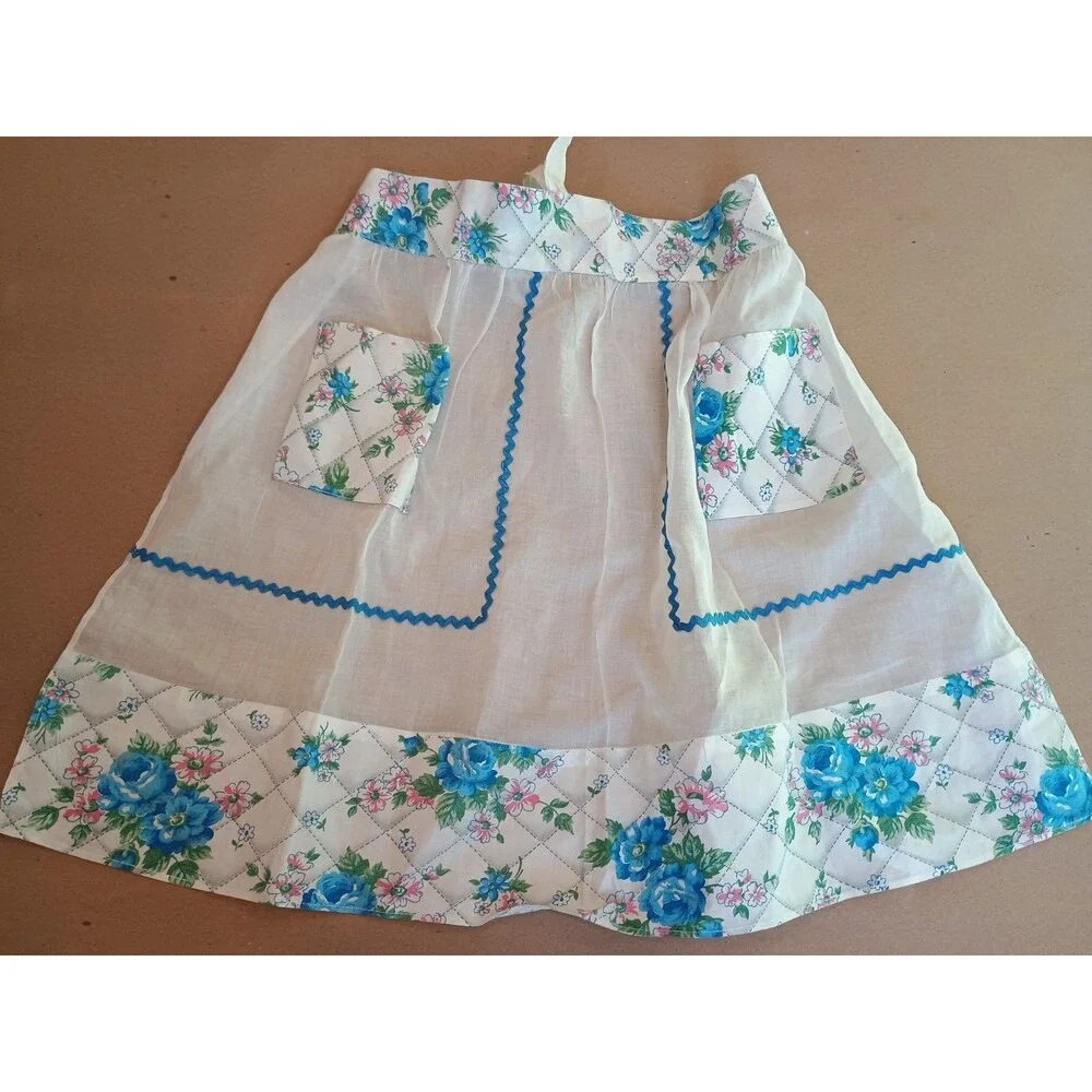 Vtg Half Apron Blue Brown Floral Pockets Cottage Core Granny Handmade Lot Of 2